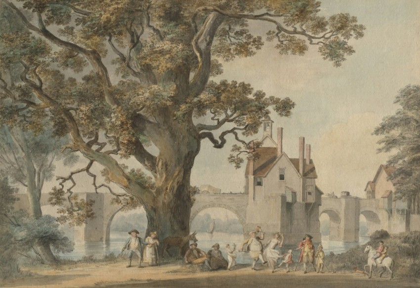 a painting of a group of people near a tree z