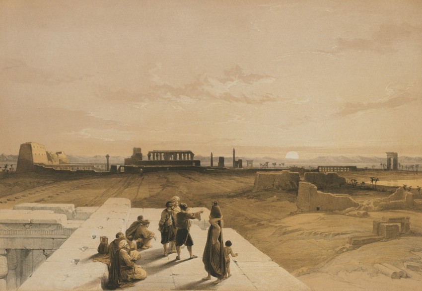 a painting of a group of people on a roof