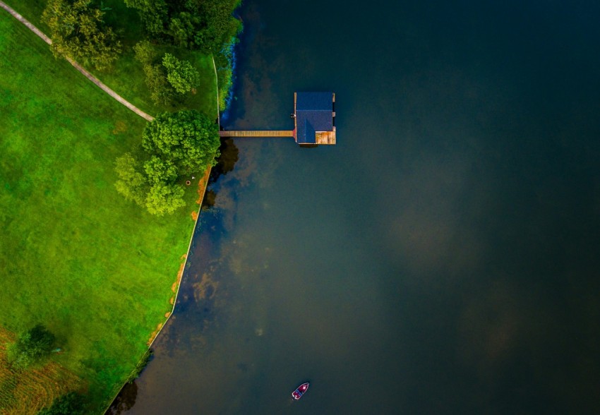 birds eye view of blue wooden house on body of water near trees