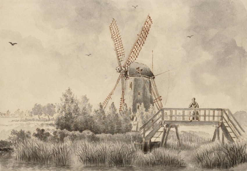 a painting of a windmill and a man on a bridge