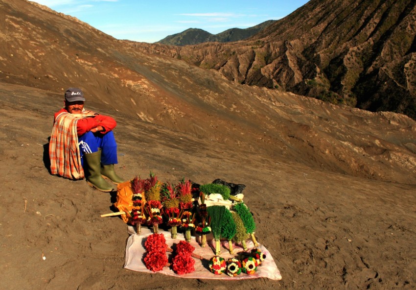 a man sitting on top of a mountain next to a bunch of flowers