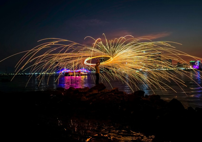 a fireworks display in the sky over a body of water