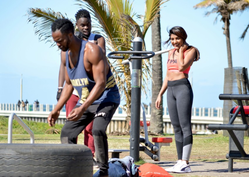 mens blue tank top and black sweatpants