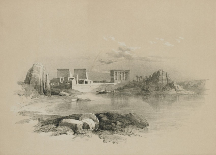 a drawing of a landscape with a body of water