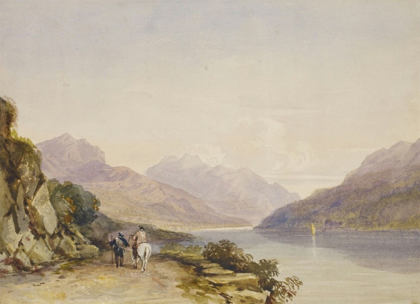 a painting of two people riding horses by a lake