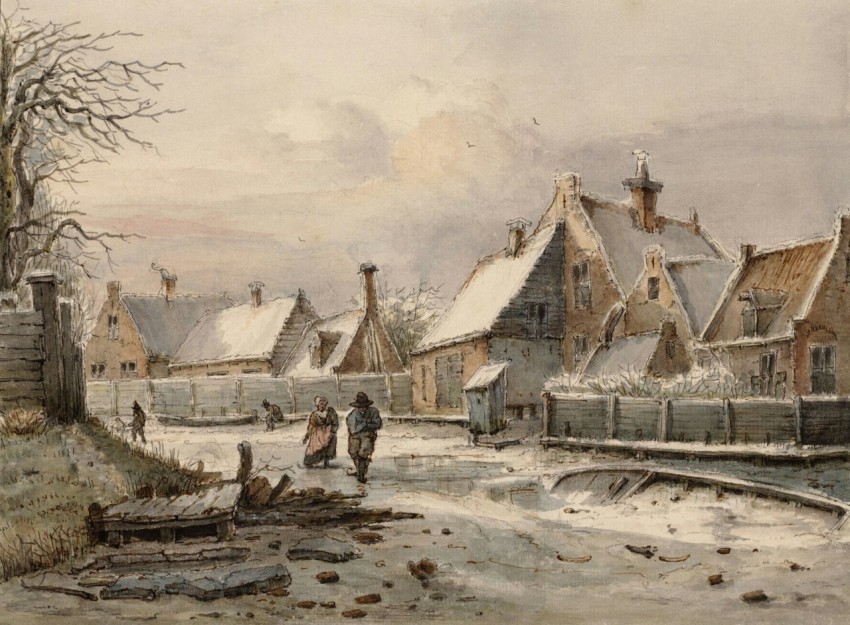 a painting of a snowy village with people walking