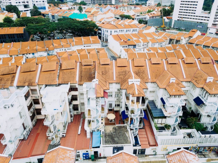 aerial photo of houses with brown roofs