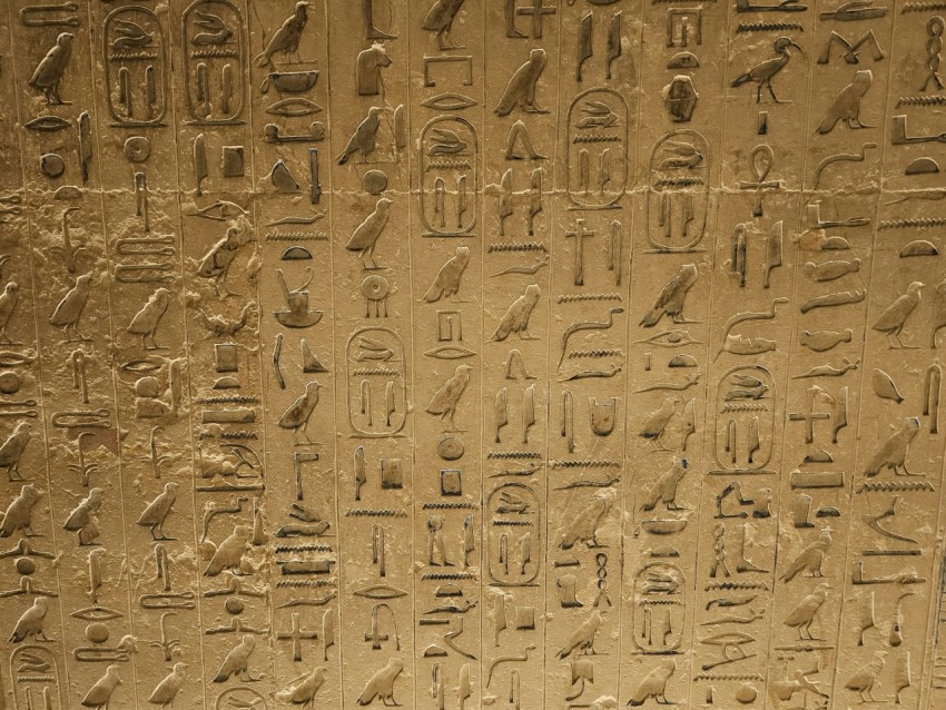 a wall with egyptian writing and birds on it