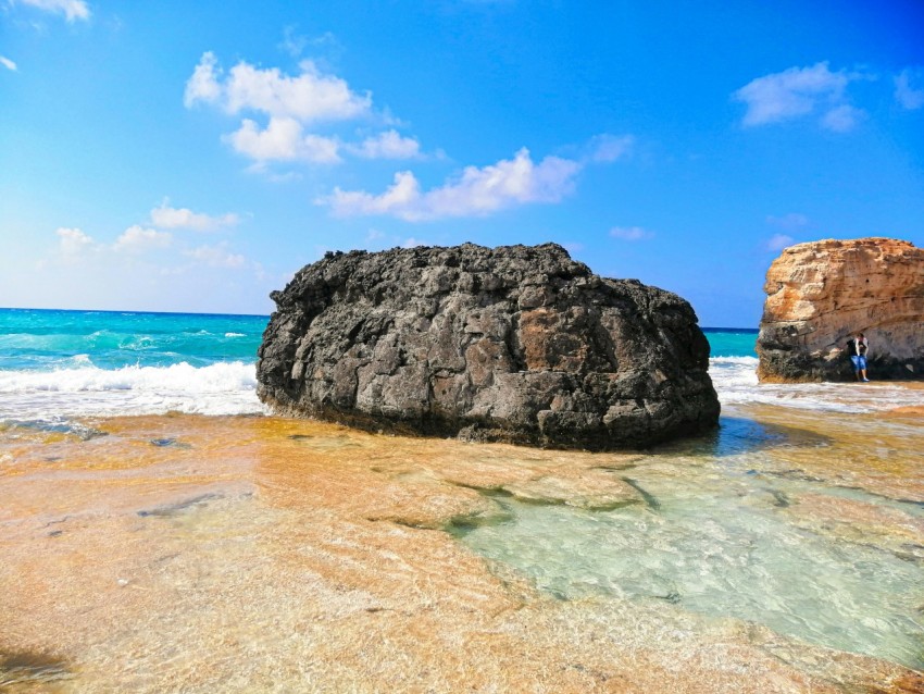 brown rock on beach line