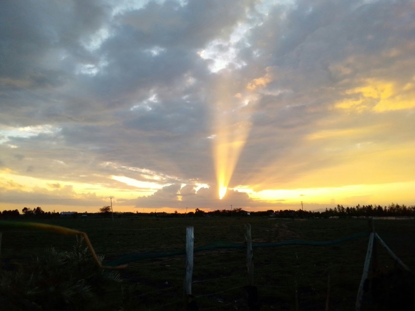 a field with a fence and a sunset in the background