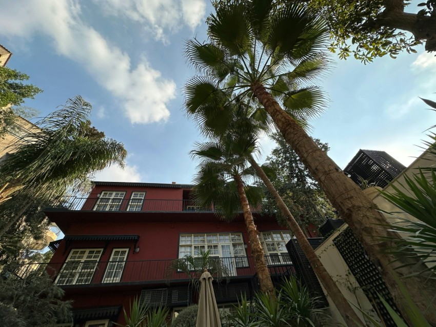 a red building with a palm tree in front of it 3GHJdF9