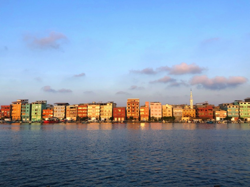 a large body of water with a city in the background