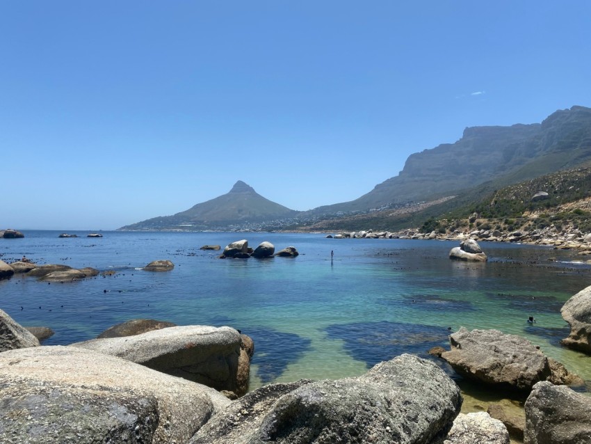 a body of water surrounded by rocks and mountains