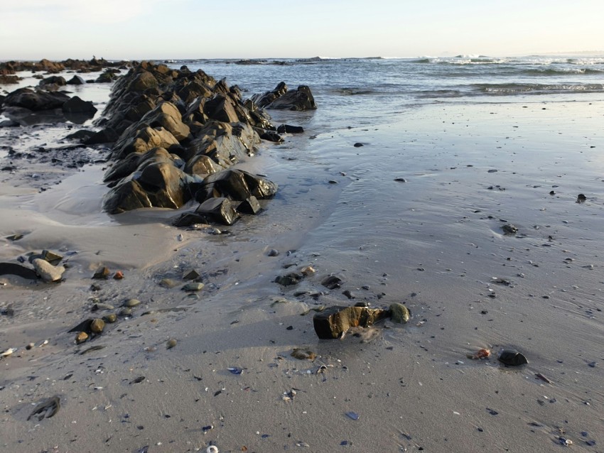 a beach with rocks and water on it