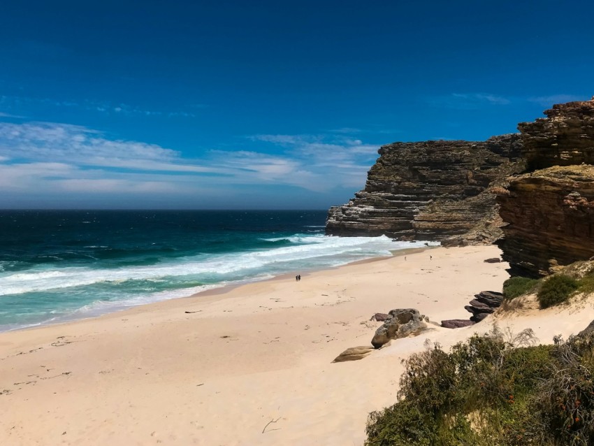 a sandy beach next to the ocean under a blue sky