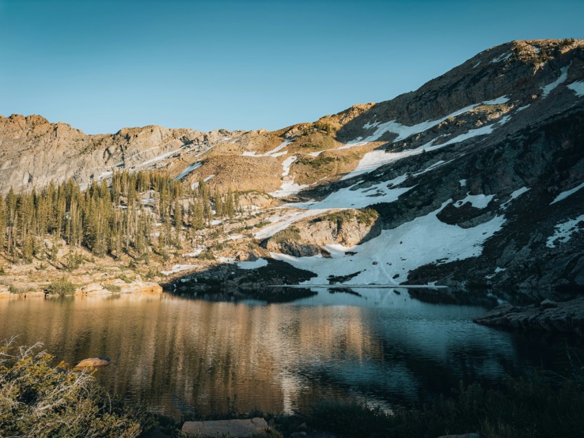 a mountain lake surrounded by snow covered mountains