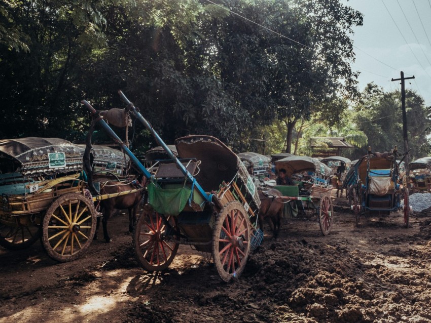 a horse drawn carriage sitting on top of a dirt field