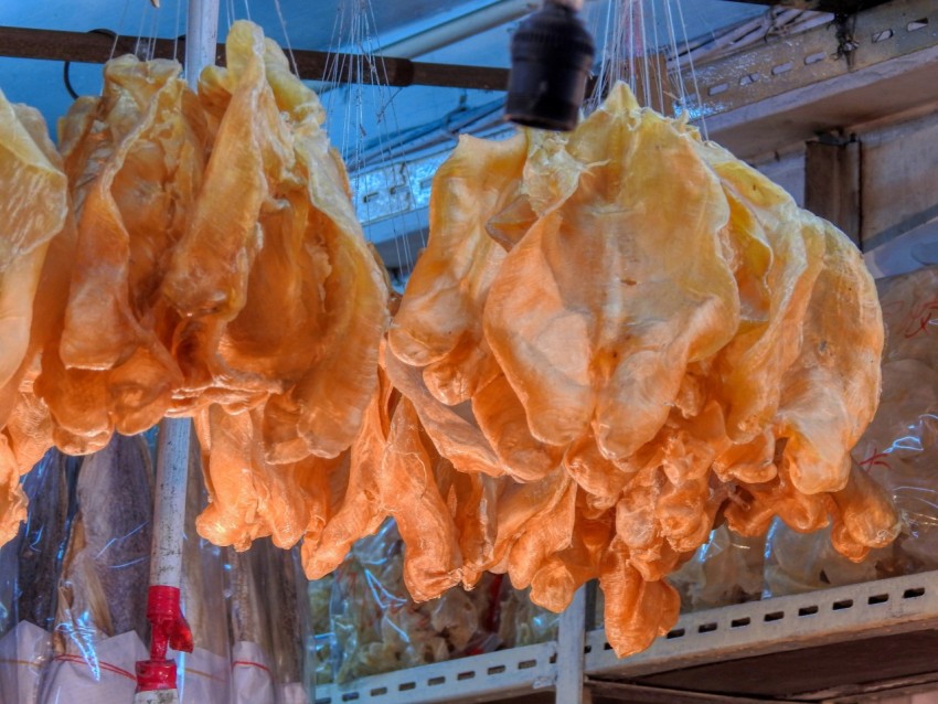 a bunch of food hanging from a ceiling