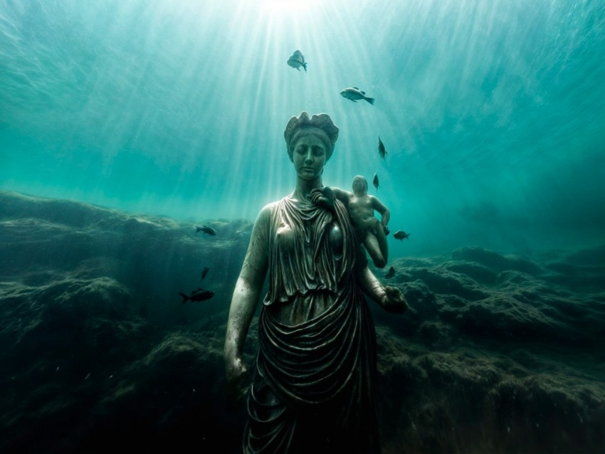 a statue of a woman holding a baby under water ixf