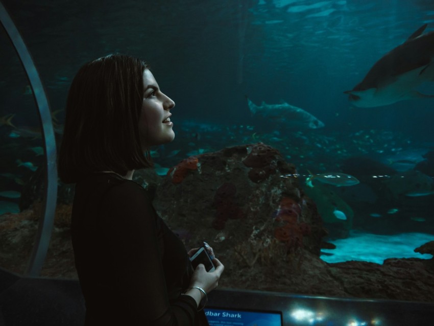 woman wearing black long sleeved shirt facing the aquarium