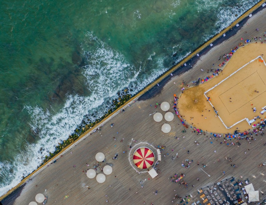 aerial photo of people near shore