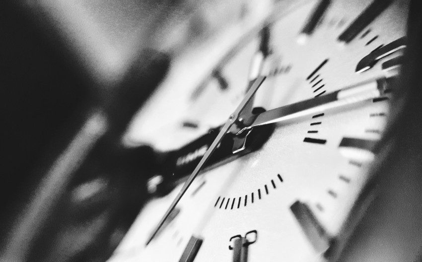 grayscale photography of clock