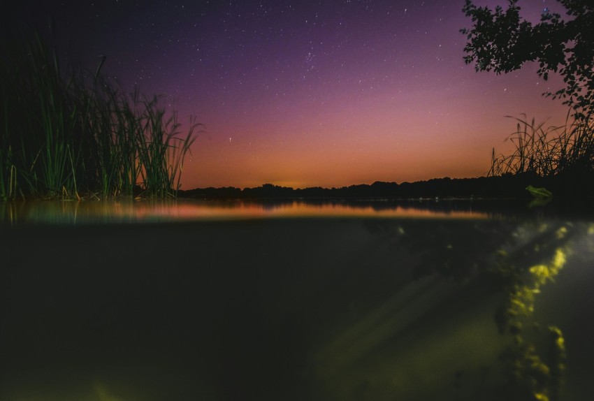 the night sky is reflected in the water