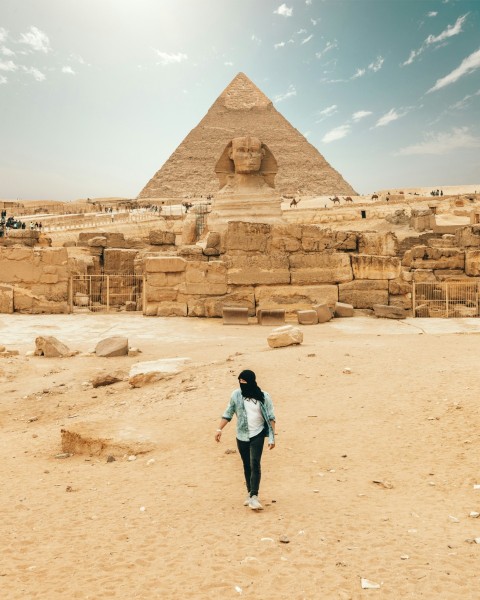 person standing in front of the great spinx egypt