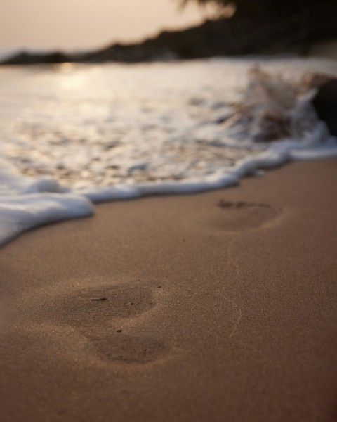 footprints in the sand of a beach near the ocean