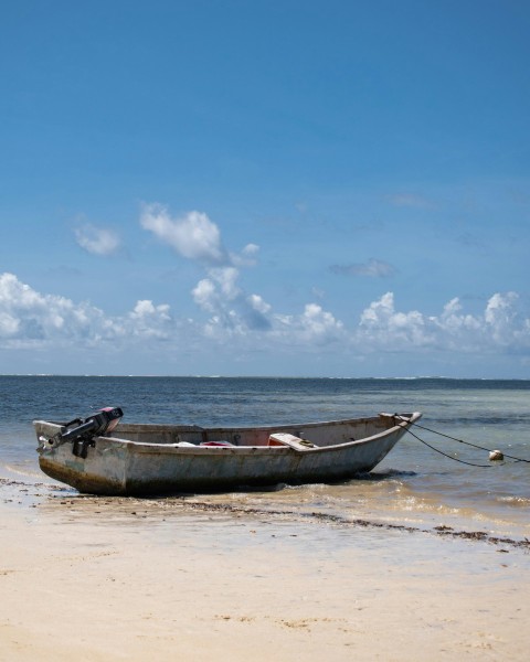 a boat sitting on top of a sandy beach