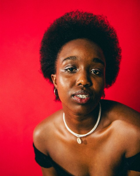 a woman with an afro is posing for a picture