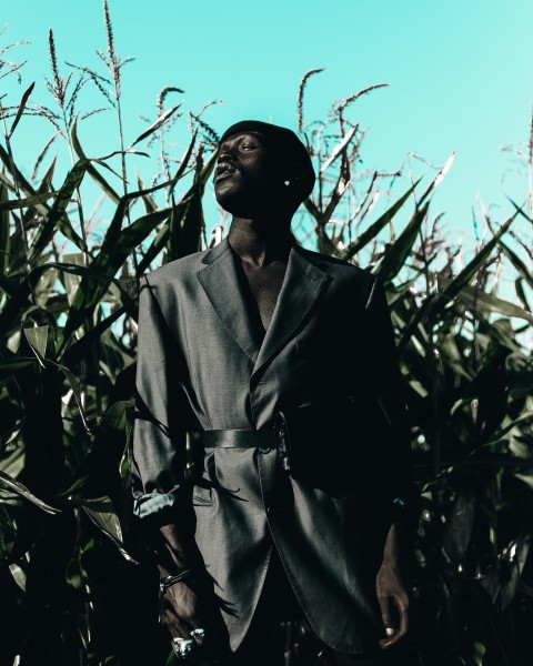 man in suit jacket standing near green leafed plants