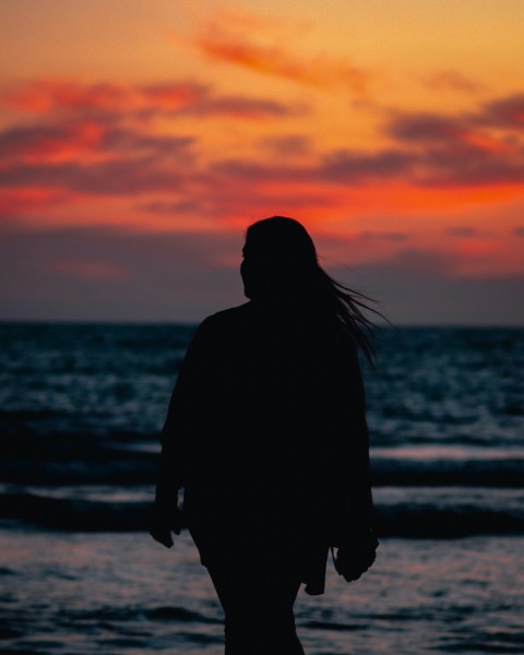 silhouette of person standing on seashore during sunset