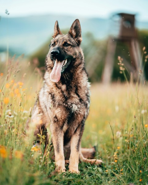 a german shepherd sitting in a field of flowers