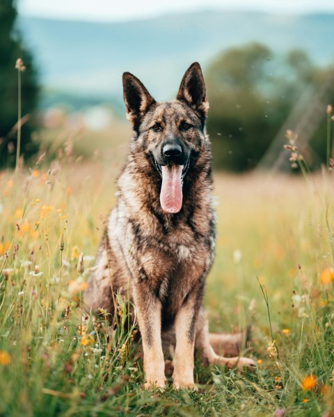 a german shepherd sitting in a field of flowers