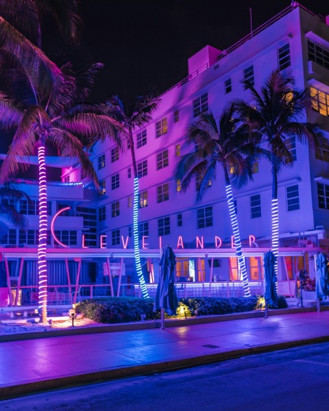 a large building with palm trees in front of it