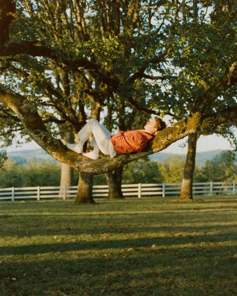 a man laying in a hammock in a field