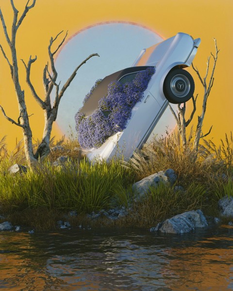 a car that is sitting in the grass near a body of water Ao8x