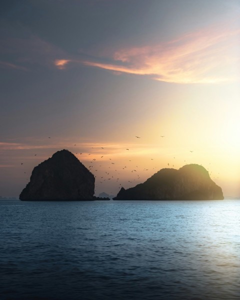 silhouette of rock formation on sea during sunset