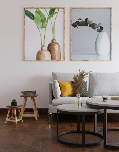 a living room with a white couch and a coffee table