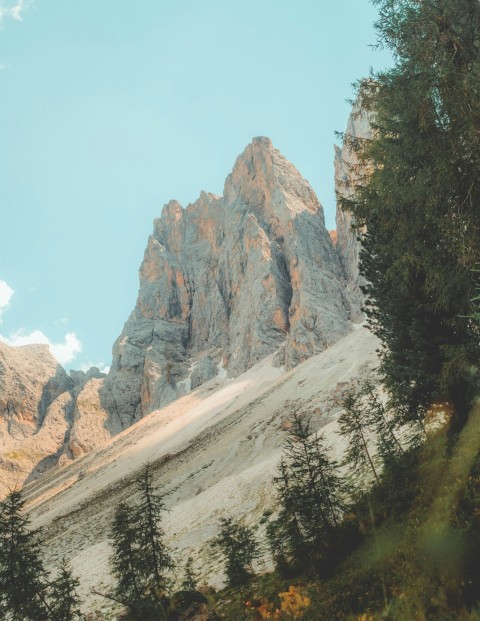 green trees near brown rocky mountain under blue sky during daytime joSNXBMM