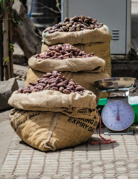 a pile of beans sitting next to a scale