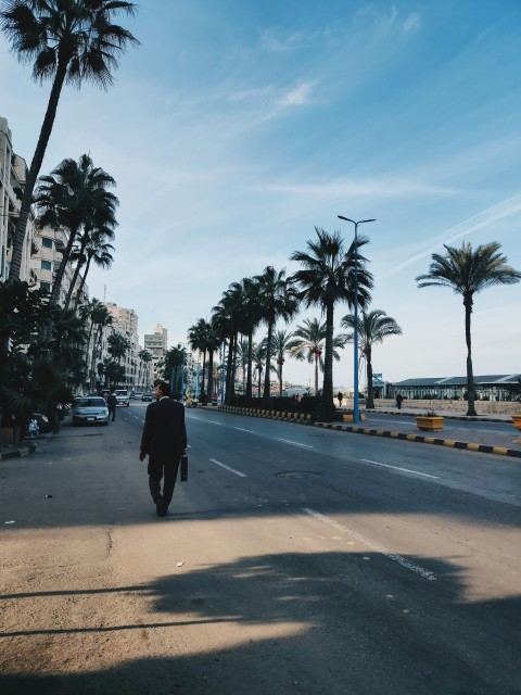 a man walking down a street next to palm trees