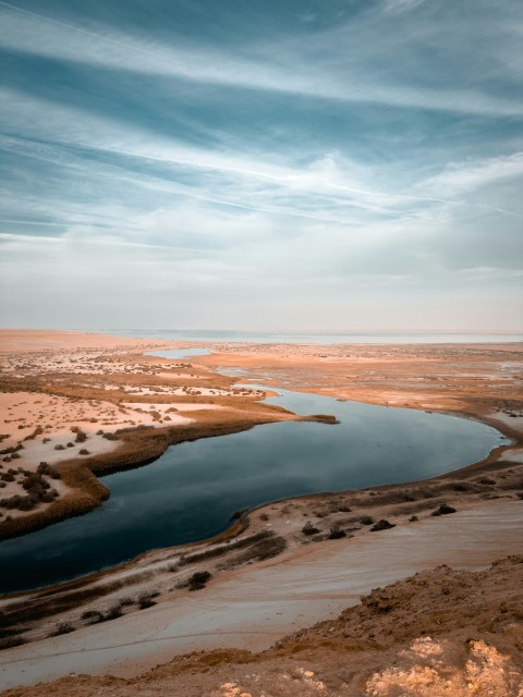 a body of water surrounded by desert land