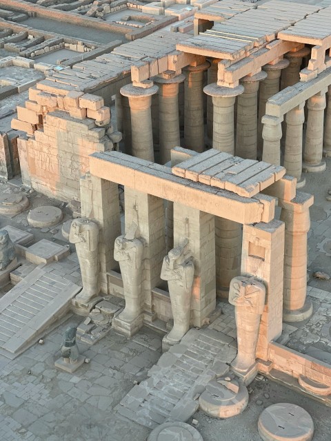 an aerial view of a building made of stone