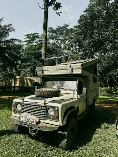 a military truck parked in the grass near a tree