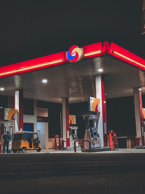 red and white gas station