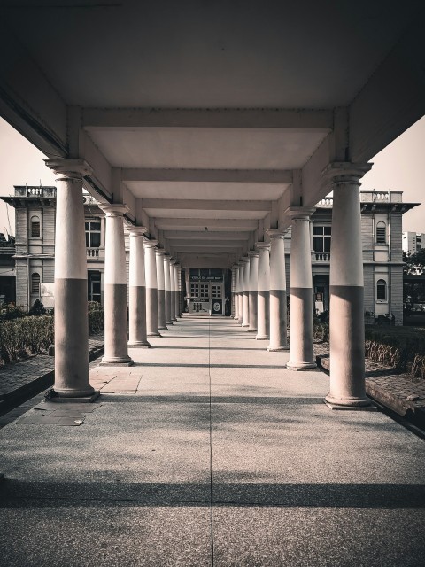 a row of white pillars sitting under a bridge Ed2