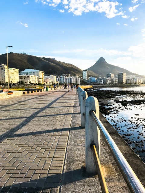 a row of benches sitting next to a body of water YS