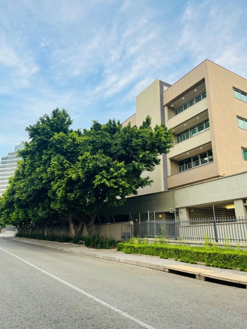 a street with a building and trees on the side of it hPPa_4E4